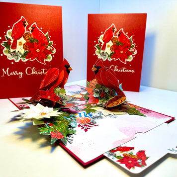 Merry Christmas Pair of Red Cardinals with Berries, Poinsettias & Pinecones – 3D Pop-Up Greeting Card – Perfect Gift for Bird Lovers