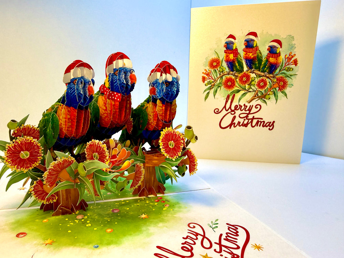 Merry Christmas Rainbow Lorikeet Family - Perfect Gift for Bird Lovers Origami Pop Cards 3D Pop Up Greeting Card Merry Christmas Thank You Handmade Best Wishes Blank Card Gift Happy Holidays Celebrate the Special Day Moment with Family and Friends