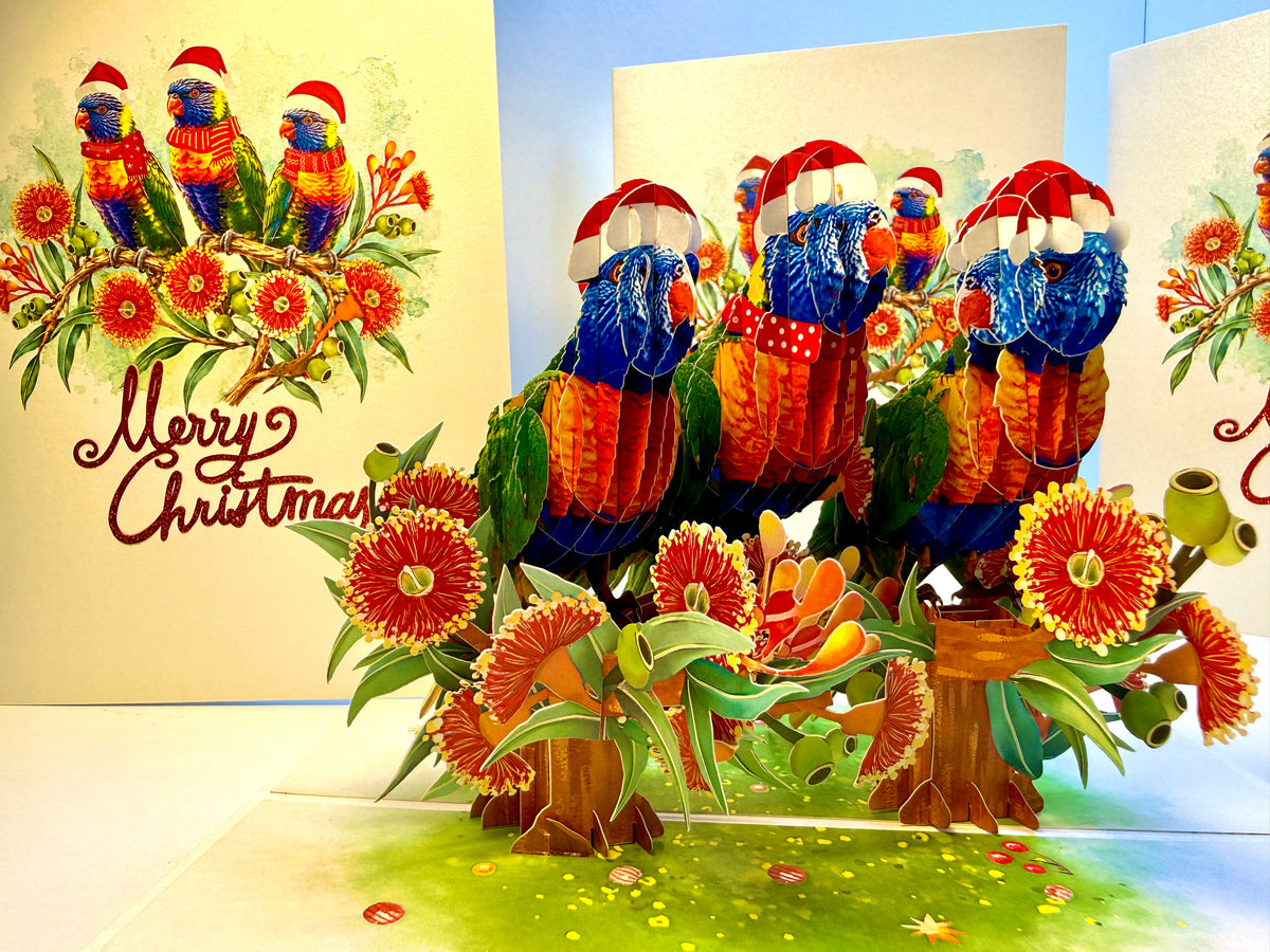 Merry Christmas Rainbow Lorikeet Family - Perfect Gift for Bird Lovers Origami Pop Cards 3D Pop Up Greeting Card Merry Christmas Thank You Handmade Best Wishes Blank Card Gift Happy Holidays Celebrate the Special Day Moment with Family and Friends