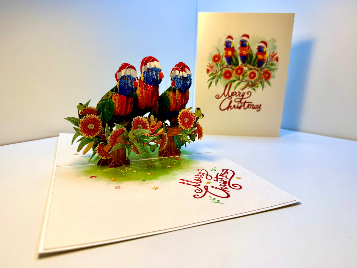 Merry Christmas Rainbow Lorikeet Family - Perfect Gift for Bird Lovers Origami Pop Cards 3D Pop Up Greeting Card Merry Christmas Thank You Handmade Best Wishes Blank Card Gift Happy Holidays Celebrate the Special Day Moment with Family and Friends