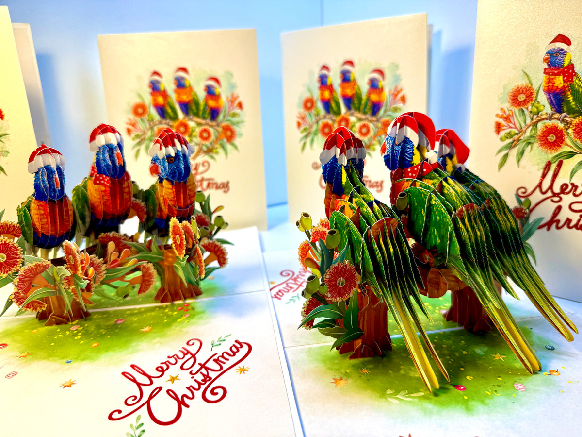 Merry Christmas Rainbow Lorikeet Family - Perfect Gift for Bird Lovers Origami Pop Cards 3D Pop Up Greeting Card Merry Christmas Thank You Handmade Best Wishes Blank Card Gift Happy Holidays Celebrate the Special Day Moment with Family and Friends