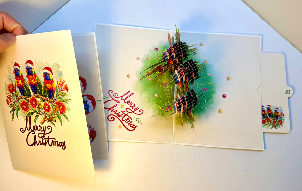 Merry Christmas Rainbow Lorikeet Family - Perfect Gift for Bird Lovers Origami Pop Cards 3D Pop Up Greeting Card Merry Christmas Thank You Handmade Best Wishes Blank Card Gift Happy Holidays Celebrate the Special Day Moment with Family and Friends