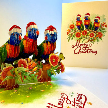 Merry Christmas Rainbow Lorikeet Family - Perfect Gift for Bird Lovers Origami Pop Cards 3D Pop Up Greeting Card Merry Christmas Thank You Handmade Best Wishes Blank Card Gift Happy Holidays Celebrate the Special Day Moment with Family and Friends
