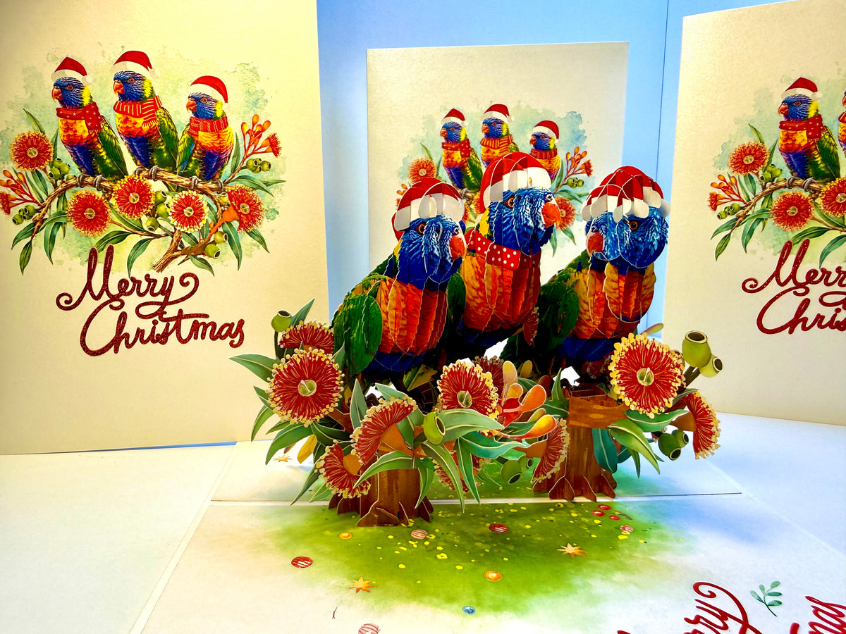 Merry Christmas Rainbow Lorikeet Family - Perfect Gift for Bird Lovers Origami Pop Cards 3D Pop Up Greeting Card Merry Christmas Thank You Handmade Best Wishes Blank Card Gift Happy Holidays Celebrate the Special Day Moment with Family and Friends