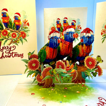 Merry Christmas Rainbow Lorikeet Family - Perfect Gift for Bird Lovers Origami Pop Cards 3D Pop Up Greeting Card Merry Christmas Thank You Handmade Best Wishes Blank Card Gift Happy Holidays Celebrate the Special Day Moment with Family and Friends