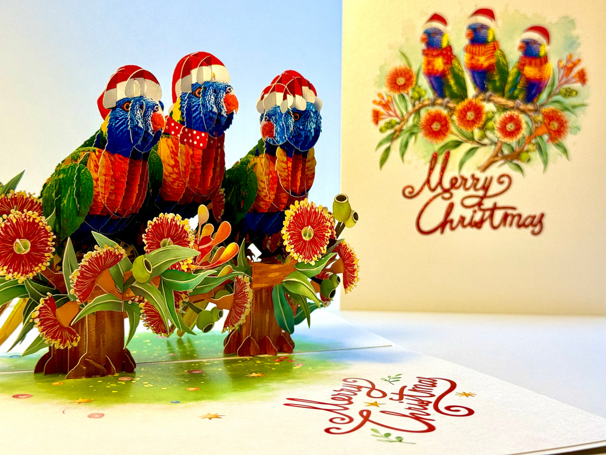 Merry Christmas Rainbow Lorikeet Family - Perfect Gift for Bird Lovers Origami Pop Cards 3D Pop Up Greeting Card Merry Christmas Thank You Handmade Best Wishes Blank Card Gift Happy Holidays Celebrate the Special Day Moment with Family and Friends