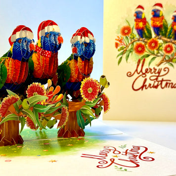 Merry Christmas Rainbow Lorikeet Family - Perfect Gift for Bird Lovers Origami Pop Cards 3D Pop Up Greeting Card Merry Christmas Thank You Handmade Best Wishes Blank Card Gift Happy Holidays Celebrate the Special Day Moment with Family and Friends