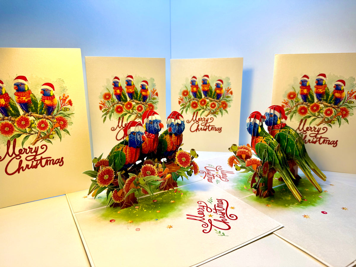 Merry Christmas Rainbow Lorikeet Family - Perfect Gift for Bird Lovers Origami Pop Cards 3D Pop Up Greeting Card Merry Christmas Thank You Handmade Best Wishes Blank Card Gift Happy Holidays Celebrate the Special Day Moment with Family and Friends