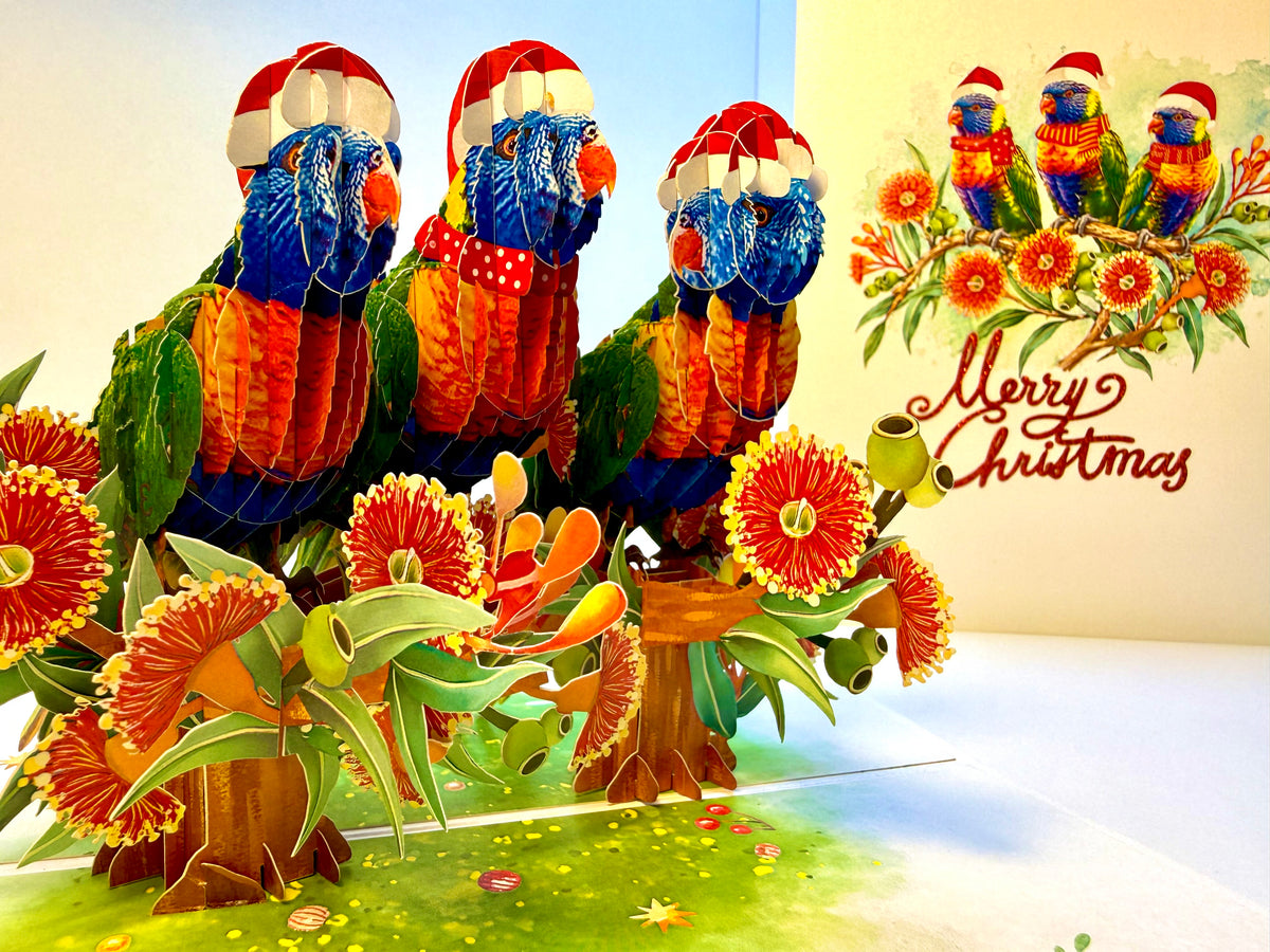 Merry Christmas Rainbow Lorikeet Family - Perfect Gift for Bird Lovers Origami Pop Cards 3D Pop Up Greeting Card Merry Christmas Thank You Handmade Best Wishes Blank Card Gift Happy Holidays Celebrate the Special Day Moment with Family and Friends