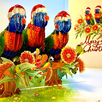 Merry Christmas Rainbow Lorikeet Family - Perfect Gift for Bird Lovers Origami Pop Cards 3D Pop Up Greeting Card Merry Christmas Thank You Handmade Best Wishes Blank Card Gift Happy Holidays Celebrate the Special Day Moment with Family and Friends