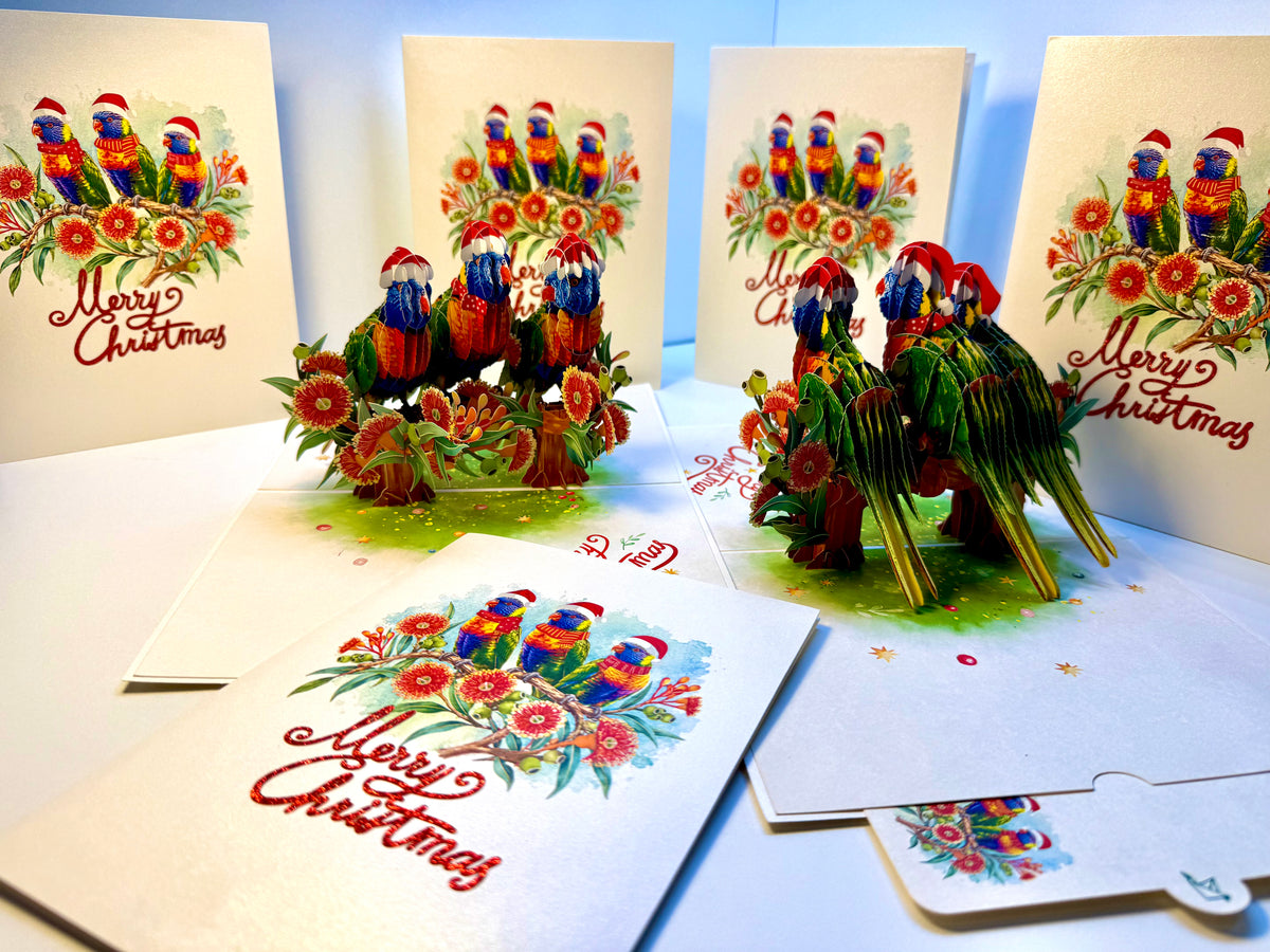 Merry Christmas Rainbow Lorikeet Family - Perfect Gift for Bird Lovers Origami Pop Cards 3D Pop Up Greeting Card Merry Christmas Thank You Handmade Best Wishes Blank Card Gift Happy Holidays Celebrate the Special Day Moment with Family and Friends