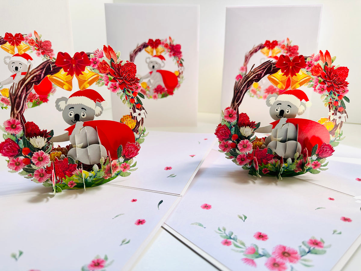 Merry Christmas Santa Koala & Australian Native Flower Wreath - Unique Wild Animals of Australia Origami Pop Cards 3D Pop Up Greeting Card Christmas Thank You Handmade Best Wishes Happy Holidays Celebrate the Special Day Moment with Family and Friends