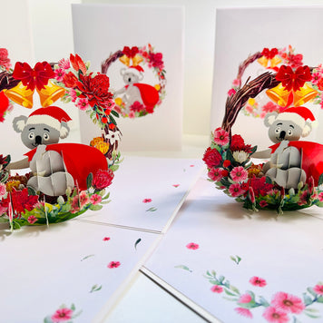 Merry Christmas Santa Koala & Australian Native Flower Wreath - Unique Wild Animals of Australia Origami Pop Cards 3D Pop Up Greeting Card Christmas Thank You Handmade Best Wishes Happy Holidays Celebrate the Special Day Moment with Family and Friends
