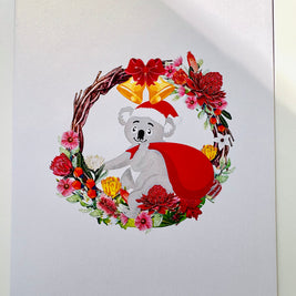 Merry Christmas Santa Koala & Australian Native Flower Wreath - Unique Wild Animals of Australia Origami Pop Cards 3D Pop Up Greeting Card Christmas Thank You Handmade Best Wishes Happy Holidays Celebrate the Special Day Moment with Family and Friends