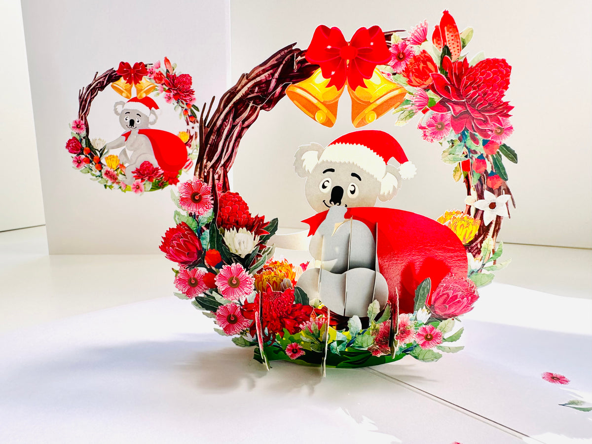 Merry Christmas Santa Koala & Australian Native Flower Wreath - Unique Wild Animals of Australia Origami Pop Cards 3D Pop Up Greeting Card Christmas Thank You Handmade Best Wishes Happy Holidays Celebrate the Special Day Moment with Family and Friends