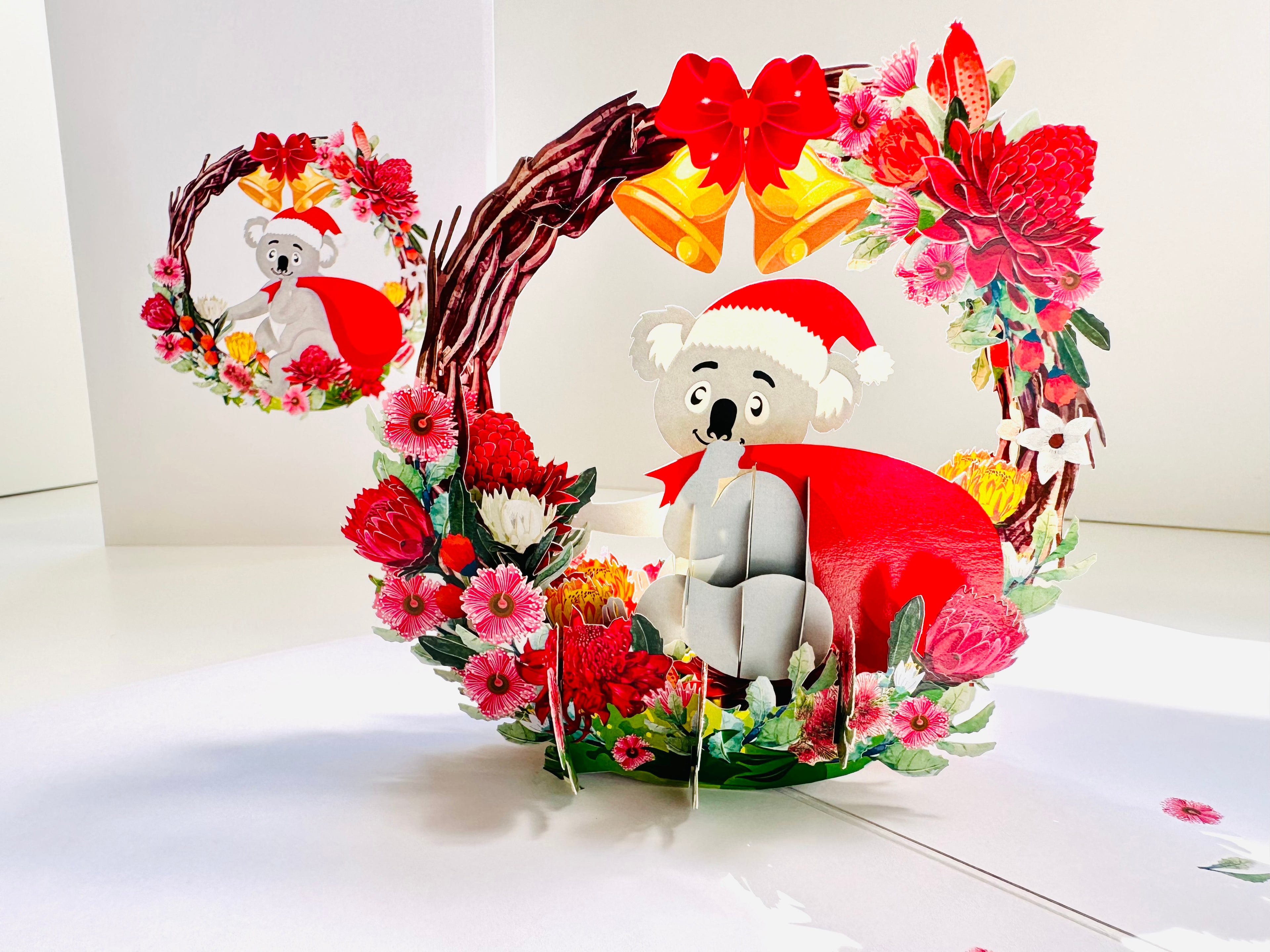 Merry Christmas Santa Koala & Australian Native Flower Wreath - Unique Wild Animals of Australia Origami Pop Cards 3D Pop Up Greeting Card Christmas Thank You Handmade Best Wishes Happy Holidays Celebrate the Special Day Moment with Family and Friends
