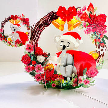 Merry Christmas Santa Koala & Australian Native Flower Wreath - Unique Wild Animals of Australia Origami Pop Cards 3D Pop Up Greeting Card Christmas Thank You Handmade Best Wishes Happy Holidays Celebrate the Special Day Moment with Family and Friends