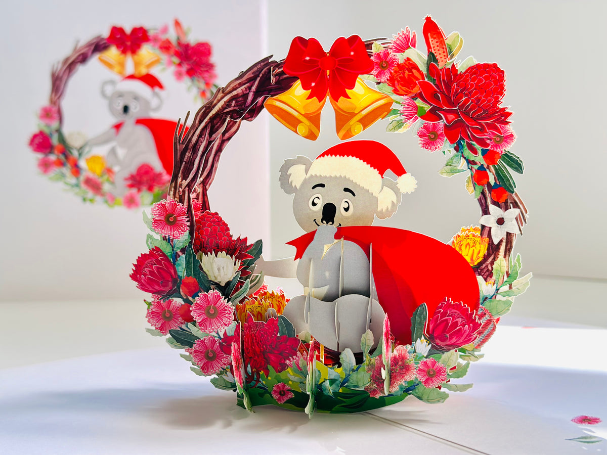 Merry Christmas Santa Koala & Australian Native Flower Wreath - Unique Wild Animals of Australia Origami Pop Cards 3D Pop Up Greeting Card Christmas Thank You Handmade Best Wishes Happy Holidays Celebrate the Special Day Moment with Family and Friends