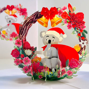 Merry Christmas Santa Koala & Australian Native Flower Wreath - Unique Wild Animals of Australia Origami Pop Cards 3D Pop Up Greeting Card Christmas Thank You Handmade Best Wishes Happy Holidays Celebrate the Special Day Moment with Family and Friends