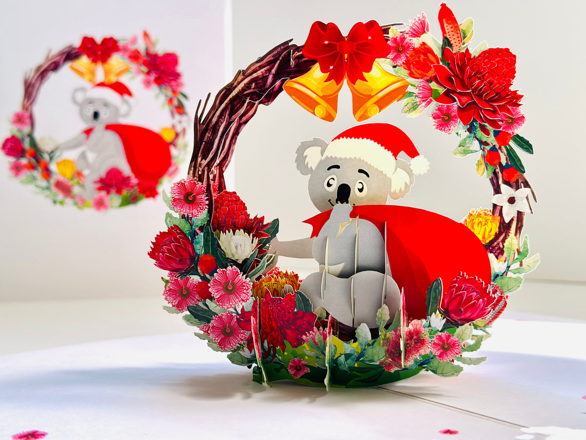Merry Christmas Santa Koala & Australian Native Flower Wreath - Unique Wild Animals of Australia Origami Pop Cards 3D Pop Up Greeting Card Christmas Thank You Handmade Best Wishes Happy Holidays Celebrate the Special Day Moment with Family and Friends