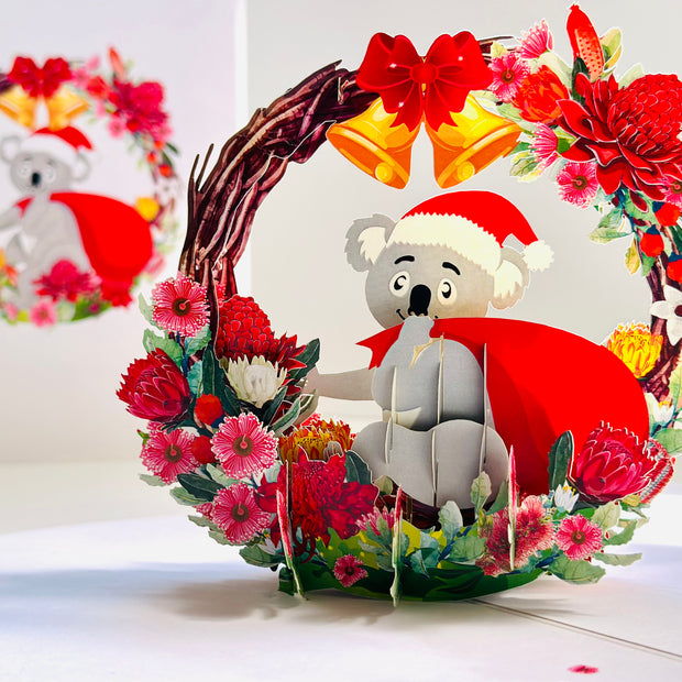 Merry Christmas Santa Koala & Australian Native Flower Wreath - Unique Wild Animals of Australia Origami Pop Cards 3D Pop Up Greeting Card Christmas Thank You Handmade Best Wishes Happy Holidays Celebrate the Special Day Moment with Family and Friends