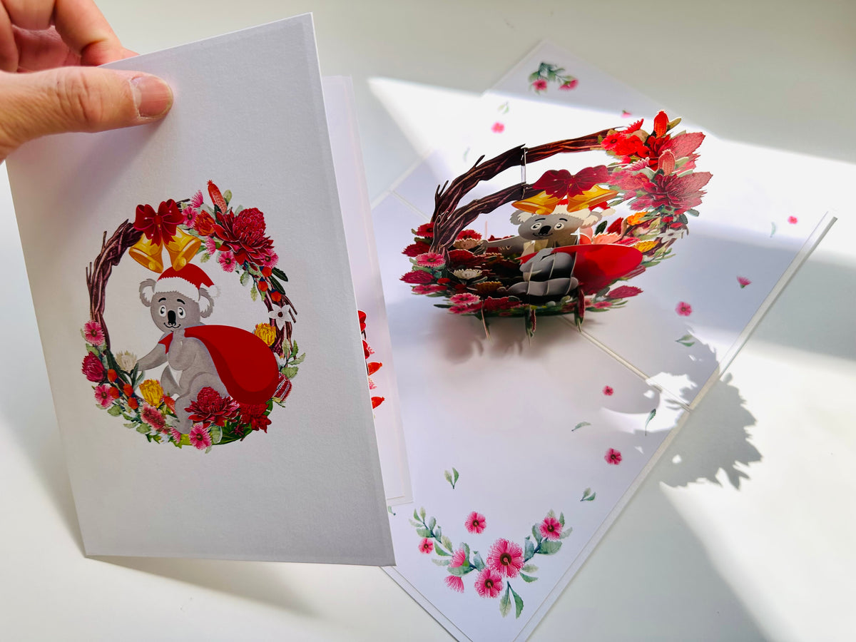 Merry Christmas Santa Koala & Australian Native Flower Wreath - Unique Wild Animals of Australia Origami Pop Cards 3D Pop Up Greeting Card Christmas Thank You Handmade Best Wishes Happy Holidays Celebrate the Special Day Moment with Family and Friends
