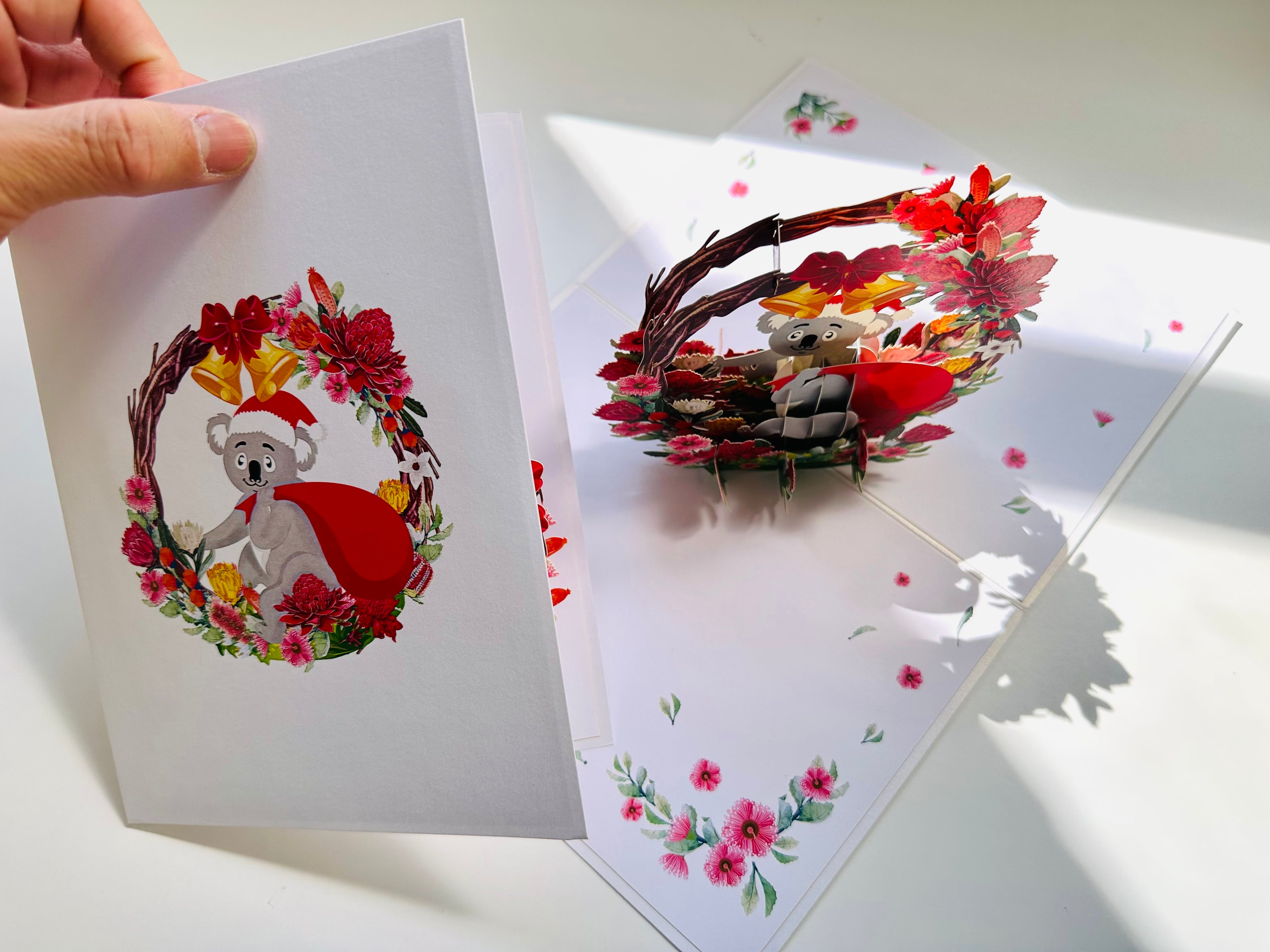 Merry Christmas Santa Koala & Australian Native Flower Wreath - Unique Wild Animals of Australia Origami Pop Cards 3D Pop Up Greeting Card Christmas Thank You Handmade Best Wishes Happy Holidays Celebrate the Special Day Moment with Family and Friends