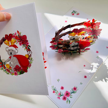 Merry Christmas Santa Koala & Australian Native Flower Wreath - Unique Wild Animals of Australia Origami Pop Cards 3D Pop Up Greeting Card Christmas Thank You Handmade Best Wishes Happy Holidays Celebrate the Special Day Moment with Family and Friends