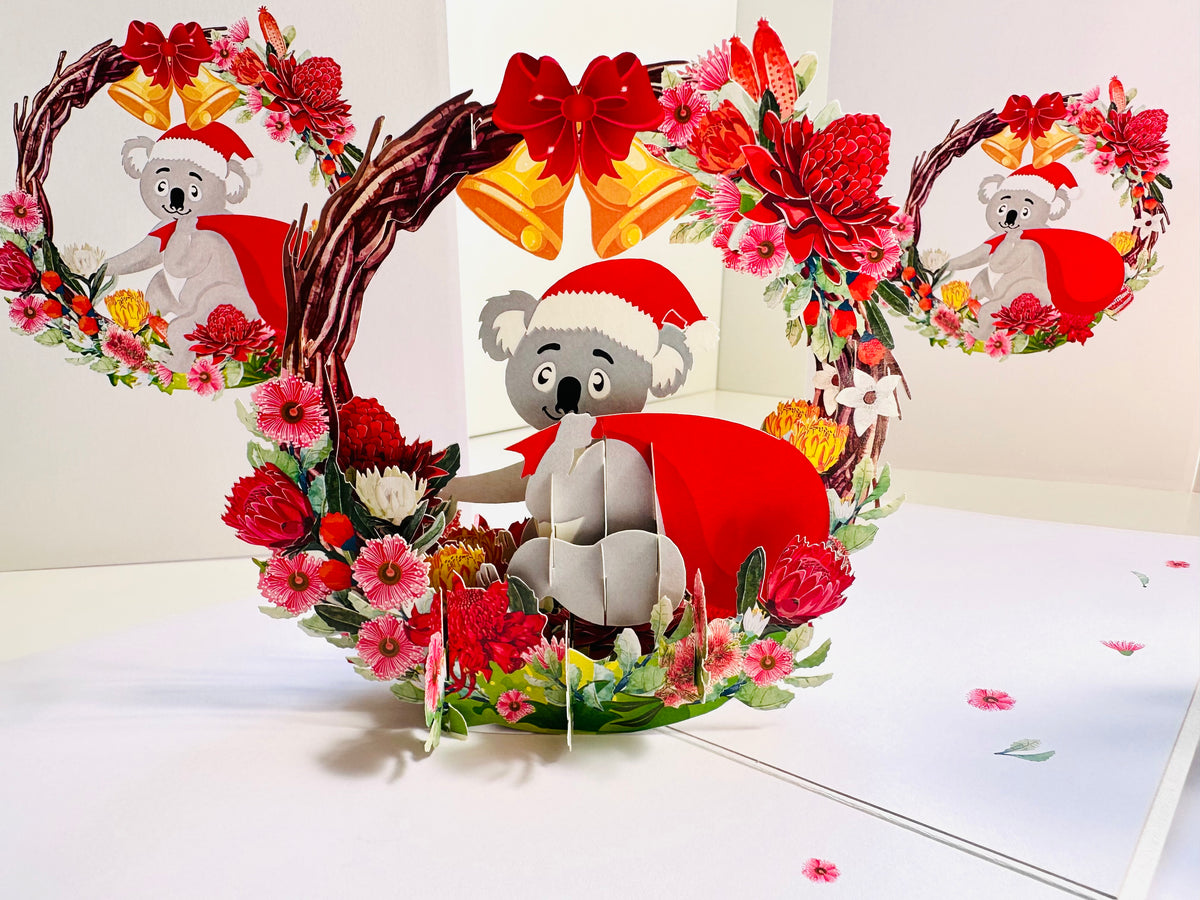 Merry Christmas Santa Koala & Australian Native Flower Wreath - Unique Wild Animals of Australia Origami Pop Cards 3D Pop Up Greeting Card Christmas Thank You Handmade Best Wishes Happy Holidays Celebrate the Special Day Moment with Family and Friends