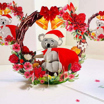 Merry Christmas Santa Koala & Australian Native Flower Wreath - Unique Wild Animals of Australia Origami Pop Cards 3D Pop Up Greeting Card Christmas Thank You Handmade Best Wishes Happy Holidays Celebrate the Special Day Moment with Family and Friends