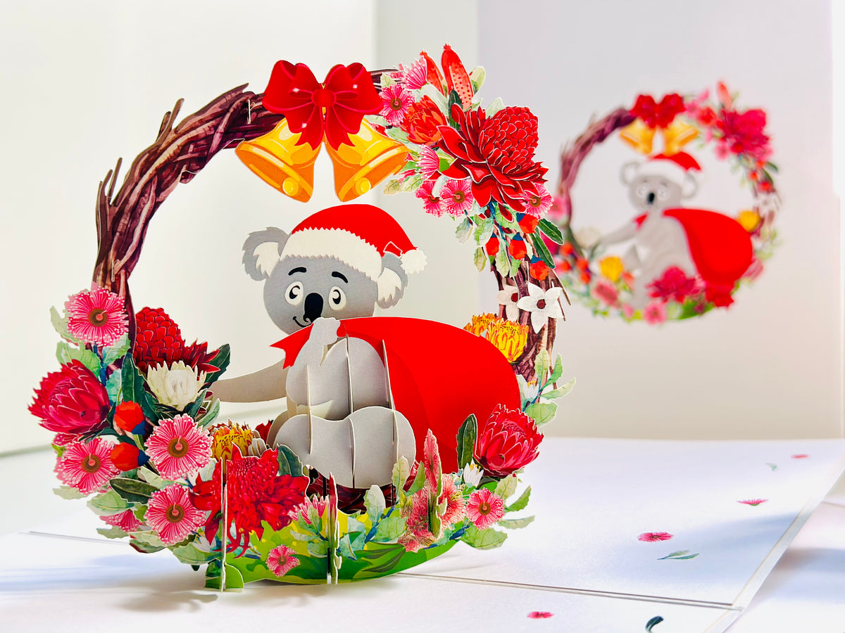 Merry Christmas Santa Koala & Australian Native Flower Wreath - Unique Wild Animals of Australia Origami Pop Cards 3D Pop Up Greeting Card Christmas Thank You Handmade Best Wishes Happy Holidays Celebrate the Special Day Moment with Family and Friends