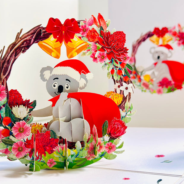 Merry Christmas Santa Koala & Australian Native Flower Wreath - Unique Wild Animals of Australia Origami Pop Cards 3D Pop Up Greeting Card Christmas Thank You Handmade Best Wishes Happy Holidays Celebrate the Special Day Moment with Family and Friends