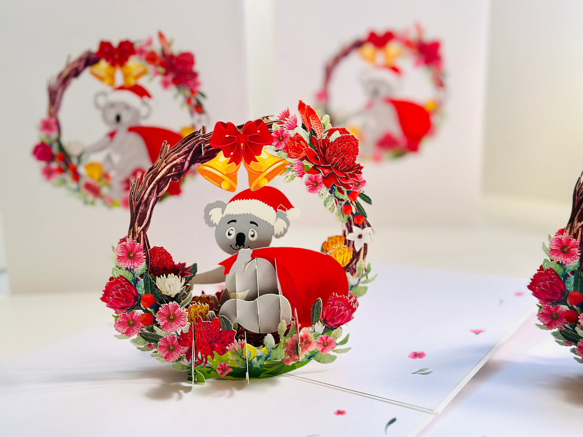 Merry Christmas Santa Koala & Australian Native Flower Wreath - Unique Wild Animals of Australia Origami Pop Cards 3D Pop Up Greeting Card Christmas Thank You Handmade Best Wishes Happy Holidays Celebrate the Special Day Moment with Family and Friends