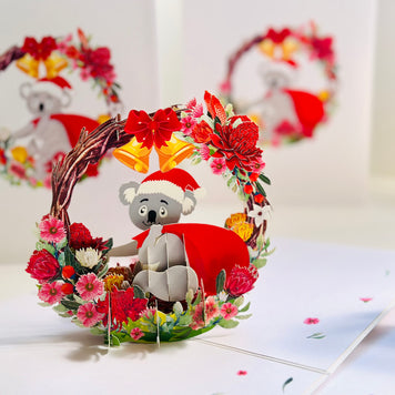 Merry Christmas Santa Koala & Australian Native Flower Wreath - Unique Wild Animals of Australia Origami Pop Cards 3D Pop Up Greeting Card Christmas Thank You Handmade Best Wishes Happy Holidays Celebrate the Special Day Moment with Family and Friends