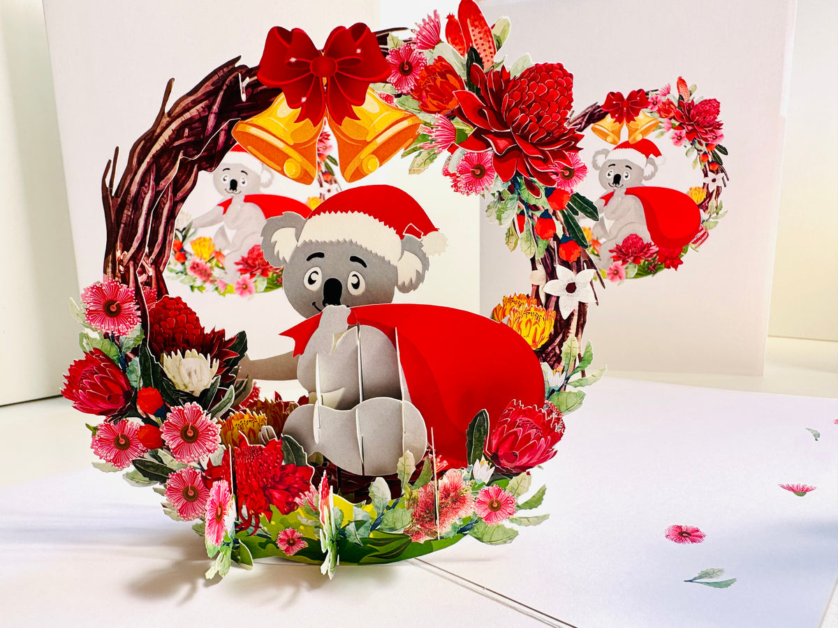 Merry Christmas Santa Koala & Australian Native Flower Wreath - Unique Wild Animals of Australia Origami Pop Cards 3D Pop Up Greeting Card Christmas Thank You Handmade Best Wishes Happy Holidays Celebrate the Special Day Moment with Family and Friends