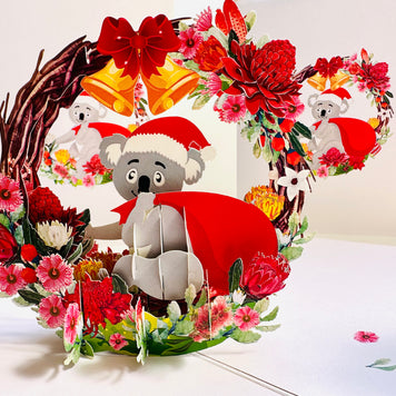 Merry Christmas Santa Koala & Australian Native Flower Wreath - Unique Wild Animals of Australia Origami Pop Cards 3D Pop Up Greeting Card Christmas Thank You Handmade Best Wishes Happy Holidays Celebrate the Special Day Moment with Family and Friends
