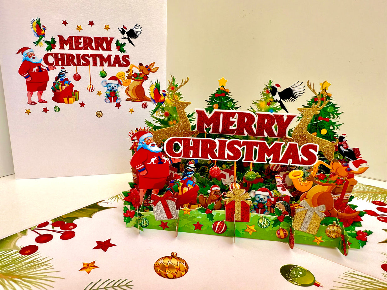 Merry Christmas Santa & Aussie Animals Origami Pop Cards 3D Pop Up Greeting Card Merry Christmas Thank You Handmade Best Wishes Blank Card Gift Happy Holidays Celebrate the Special Day