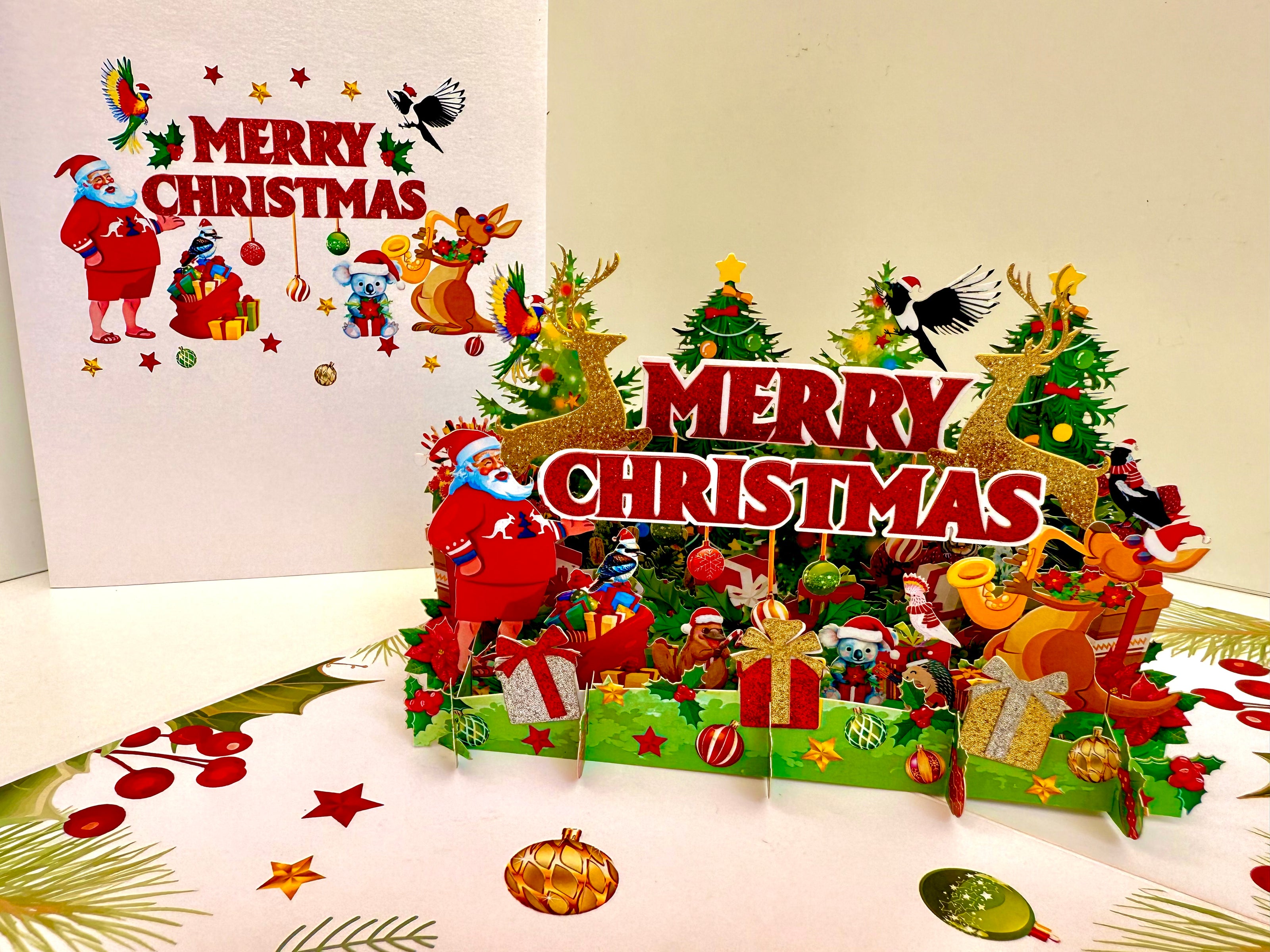 Merry Christmas Santa & Aussie Animals Origami Pop Cards 3D Pop Up Greeting Card Merry Christmas Thank You Handmade Best Wishes Blank Card Gift Happy Holidays Celebrate the Special Day