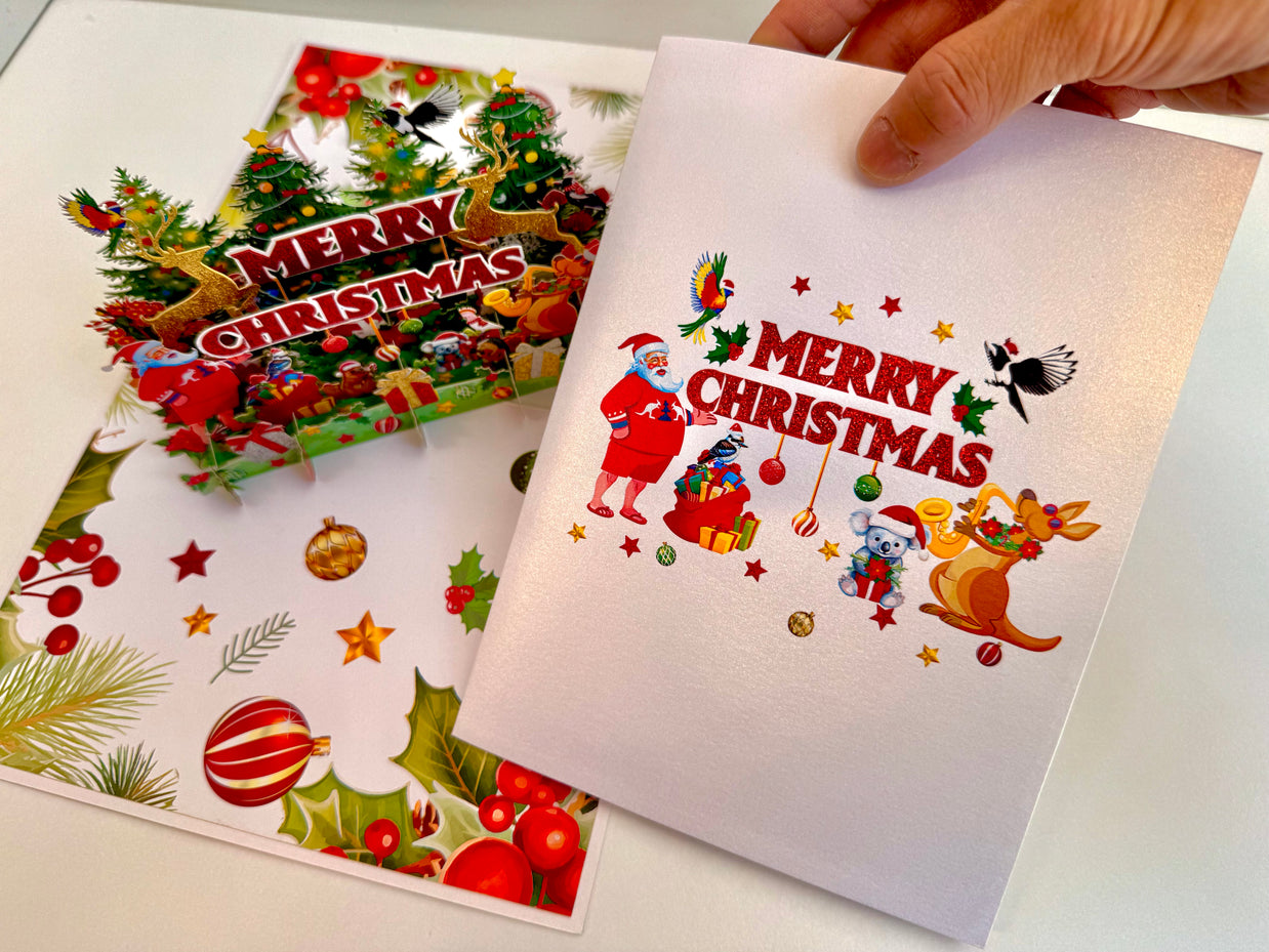 Merry Christmas Santa & Aussie Animals Origami Pop Cards 3D Pop Up Greeting Card Merry Christmas Thank You Handmade Best Wishes Blank Card Gift Happy Holidays Celebrate the Special Day