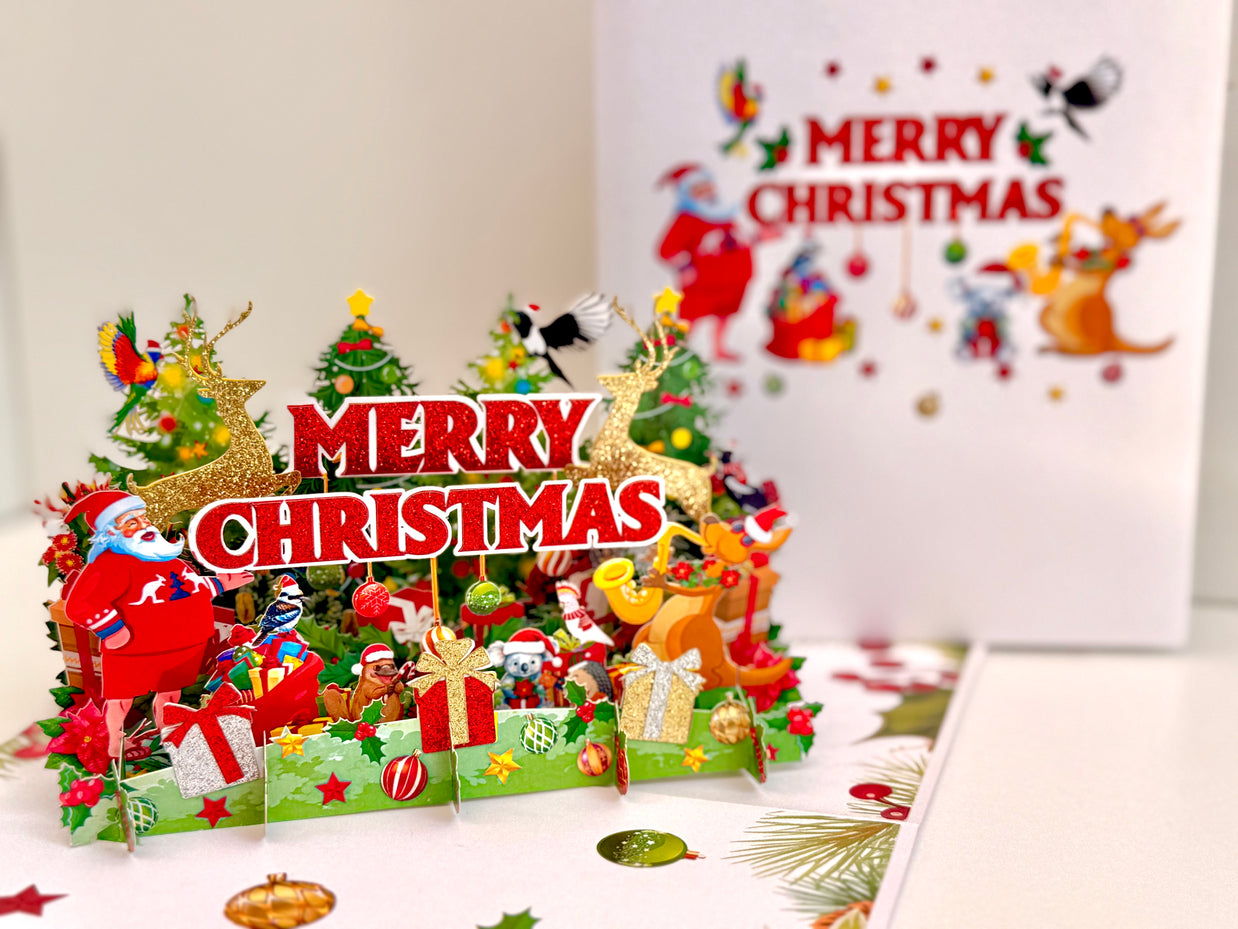 Merry Christmas Santa & Aussie Animals Origami Pop Cards 3D Pop Up Greeting Card Merry Christmas Thank You Handmade Best Wishes Blank Card Gift Happy Holidays Celebrate the Special Day
