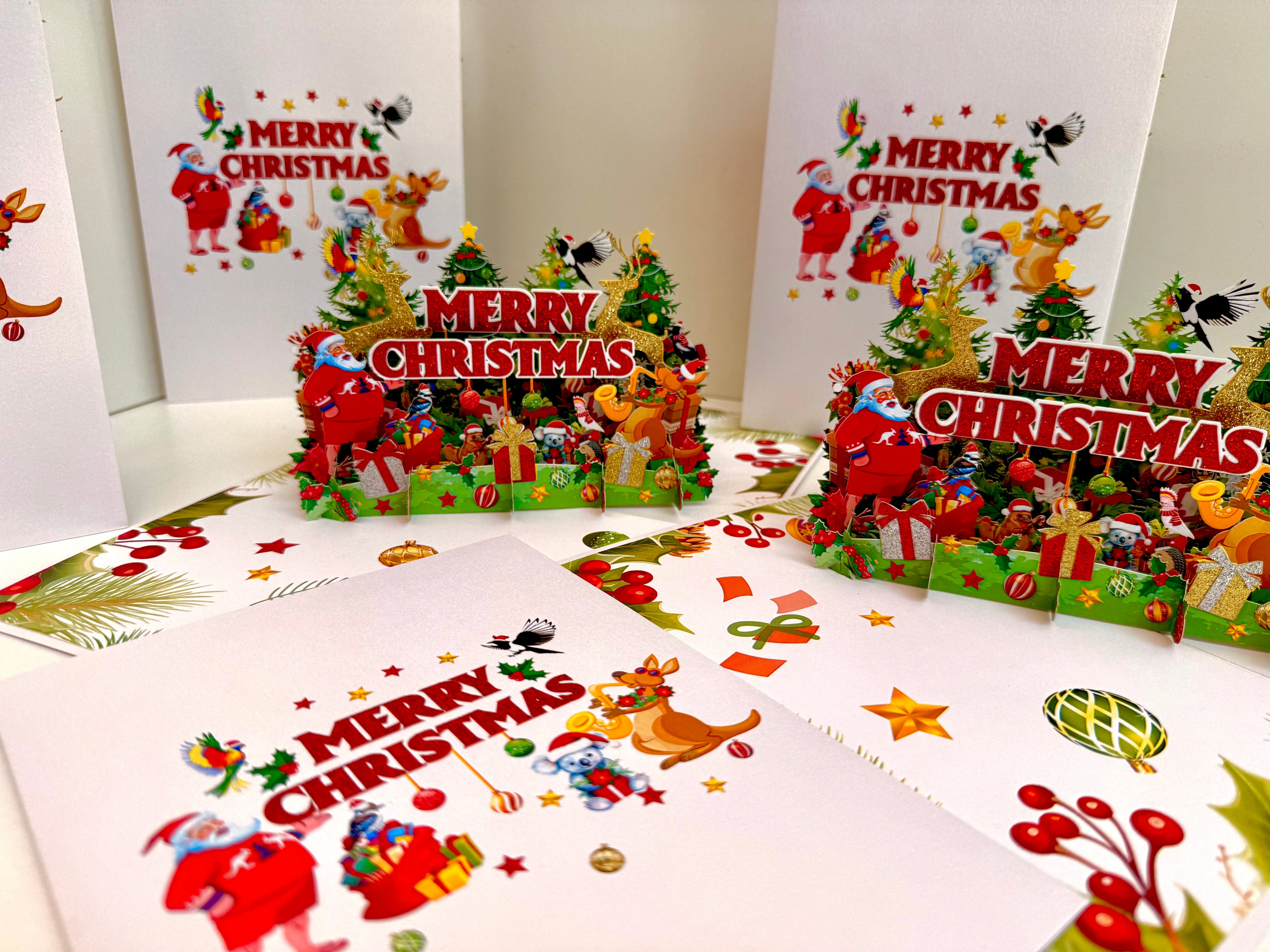 Merry Christmas Santa & Aussie Animals Origami Pop Cards 3D Pop Up Greeting Card Merry Christmas Thank You Handmade Best Wishes Blank Card Gift Happy Holidays Celebrate the Special Day