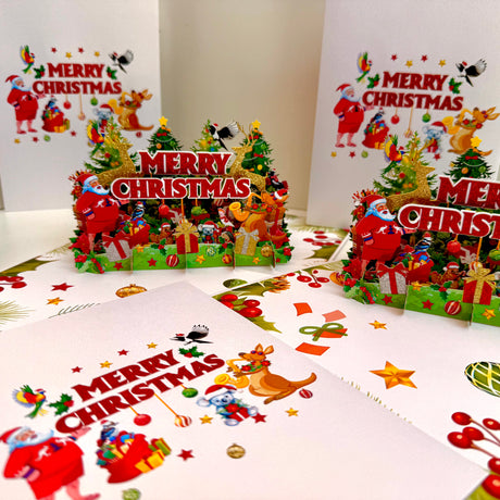 Merry Christmas Santa & Aussie Animals Origami Pop Cards 3D Pop Up Greeting Card Merry Christmas Thank You Handmade Best Wishes Blank Card Gift Happy Holidays Celebrate the Special Day