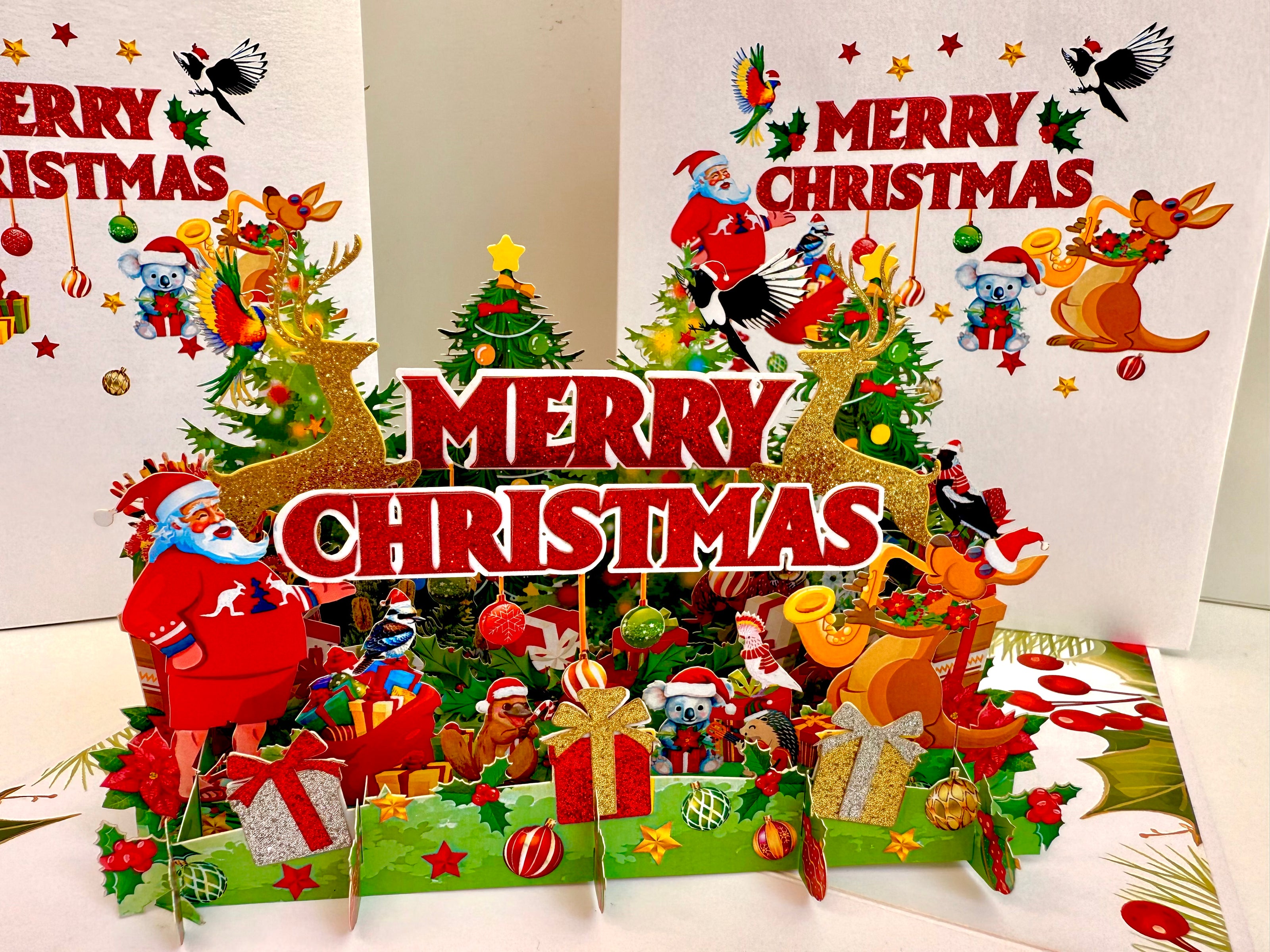 Merry Christmas Santa & Aussie Animals Origami Pop Cards 3D Pop Up Greeting Card Merry Christmas Thank You Handmade Best Wishes Blank Card Gift Happy Holidays Celebrate the Special Day