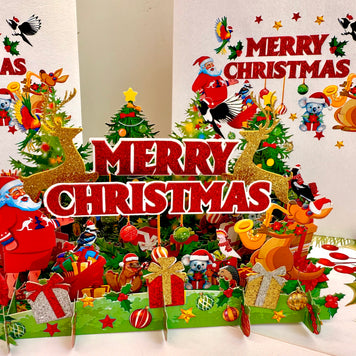 Merry Christmas Santa & Aussie Animals Origami Pop Cards 3D Pop Up Greeting Card Merry Christmas Thank You Handmade Best Wishes Blank Card Gift Happy Holidays Celebrate the Special Day