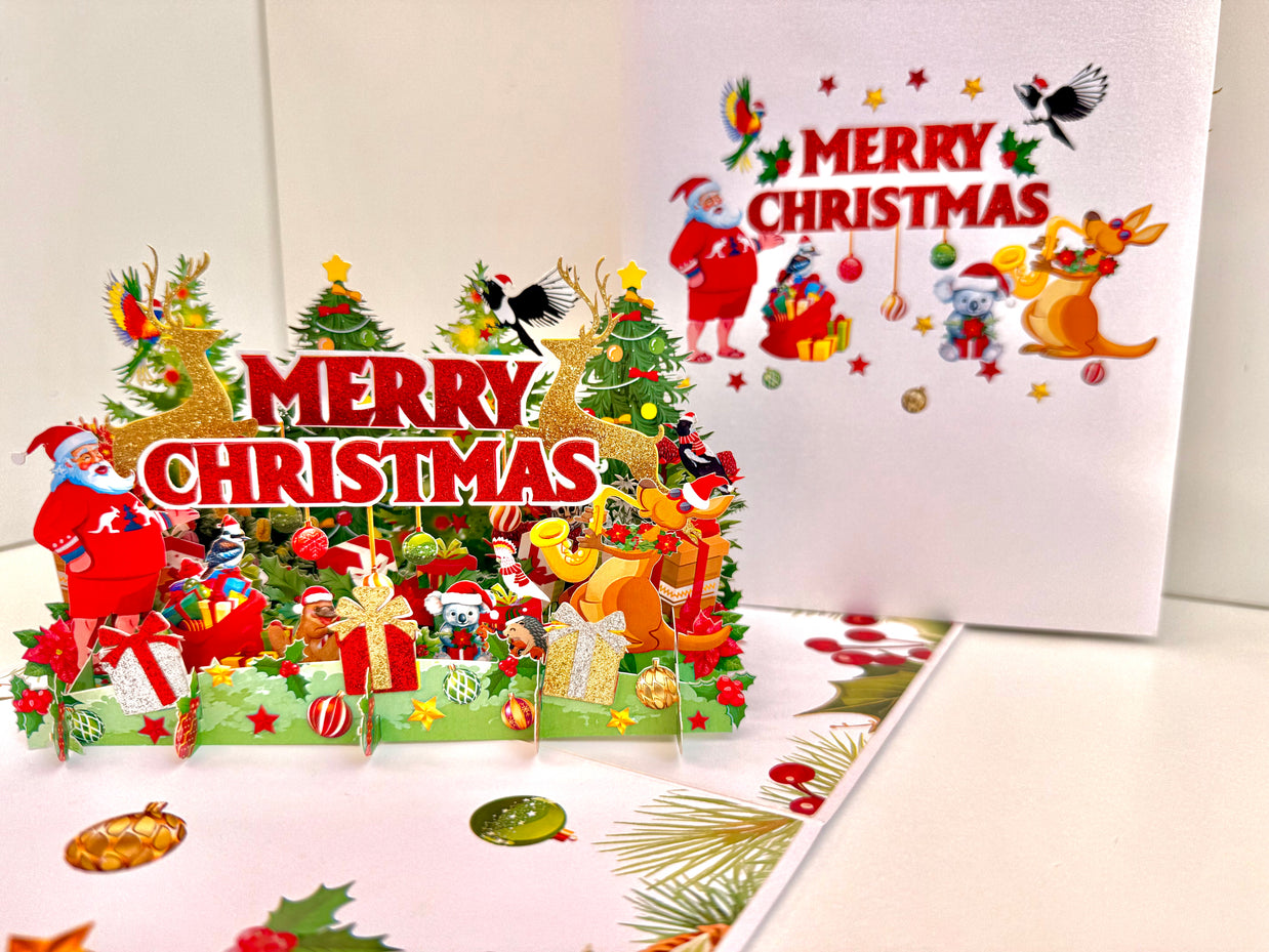 Merry Christmas Santa & Aussie Animals Origami Pop Cards 3D Pop Up Greeting Card Merry Christmas Thank You Handmade Best Wishes Blank Card Gift Happy Holidays Celebrate the Special Day