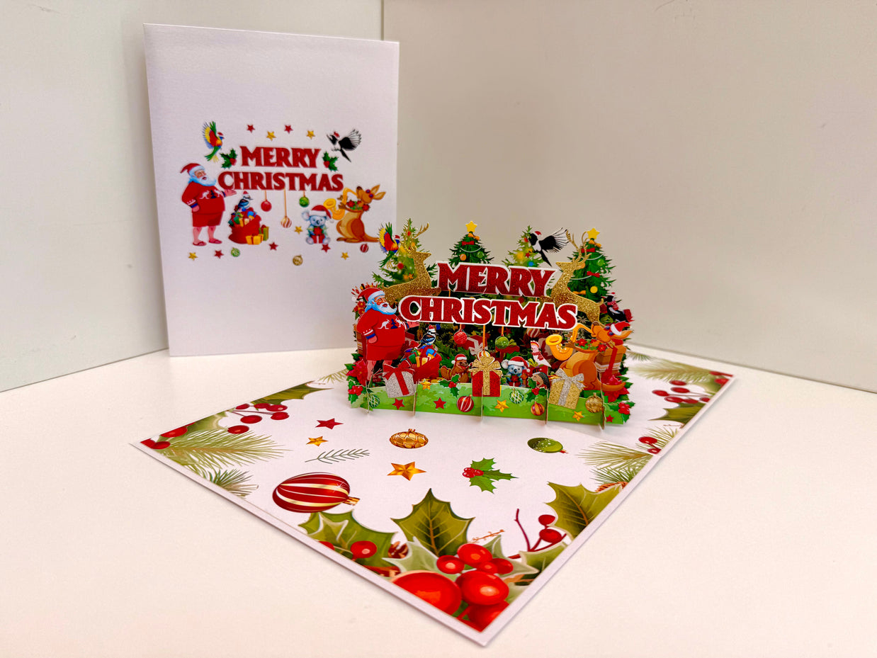 Merry Christmas Santa & Aussie Animals Origami Pop Cards 3D Pop Up Greeting Card Merry Christmas Thank You Handmade Best Wishes Blank Card Gift Happy Holidays Celebrate the Special Day