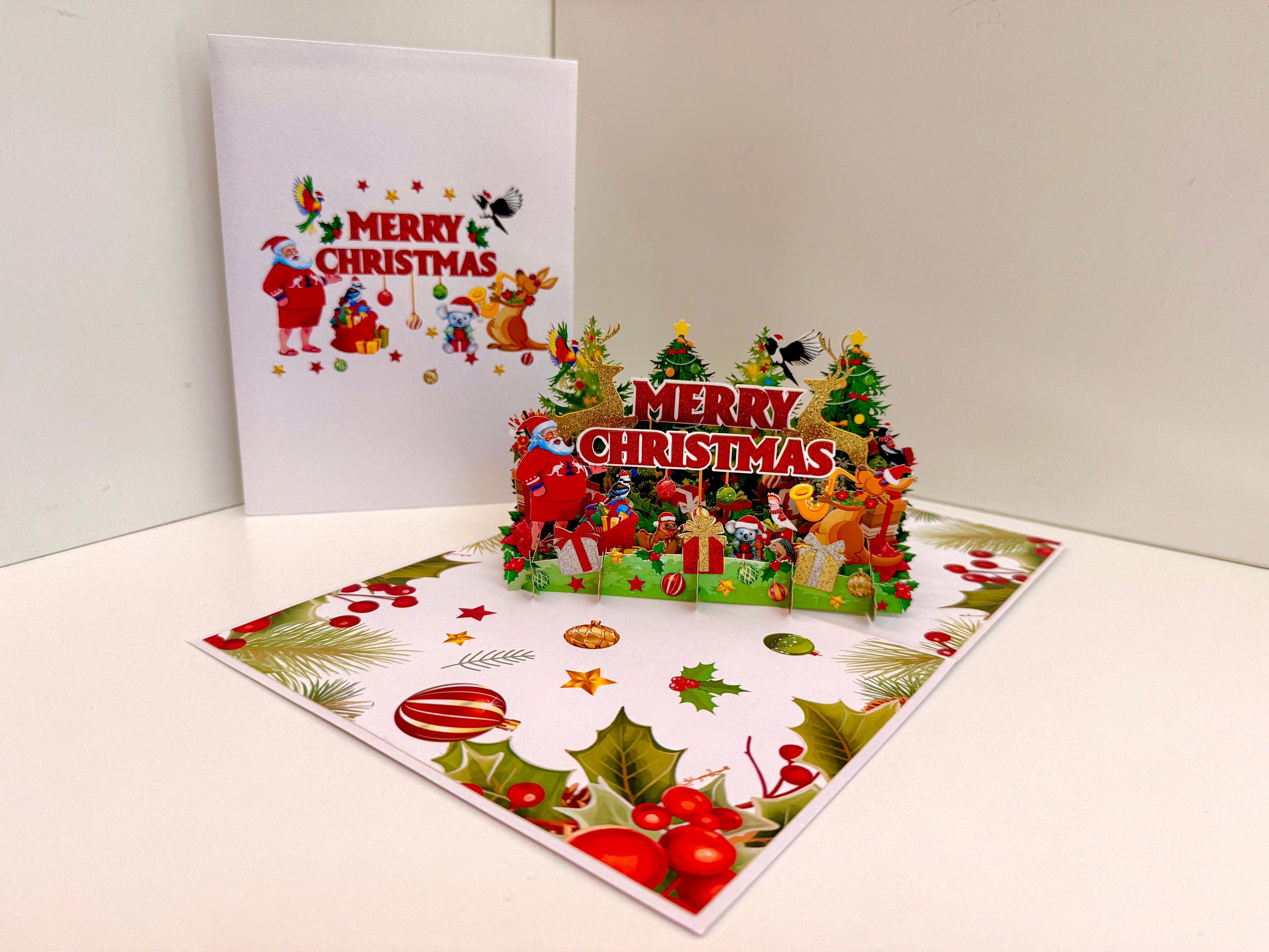Merry Christmas Santa & Aussie Animals Origami Pop Cards 3D Pop Up Greeting Card Merry Christmas Thank You Handmade Best Wishes Blank Card Gift Happy Holidays Celebrate the Special Day