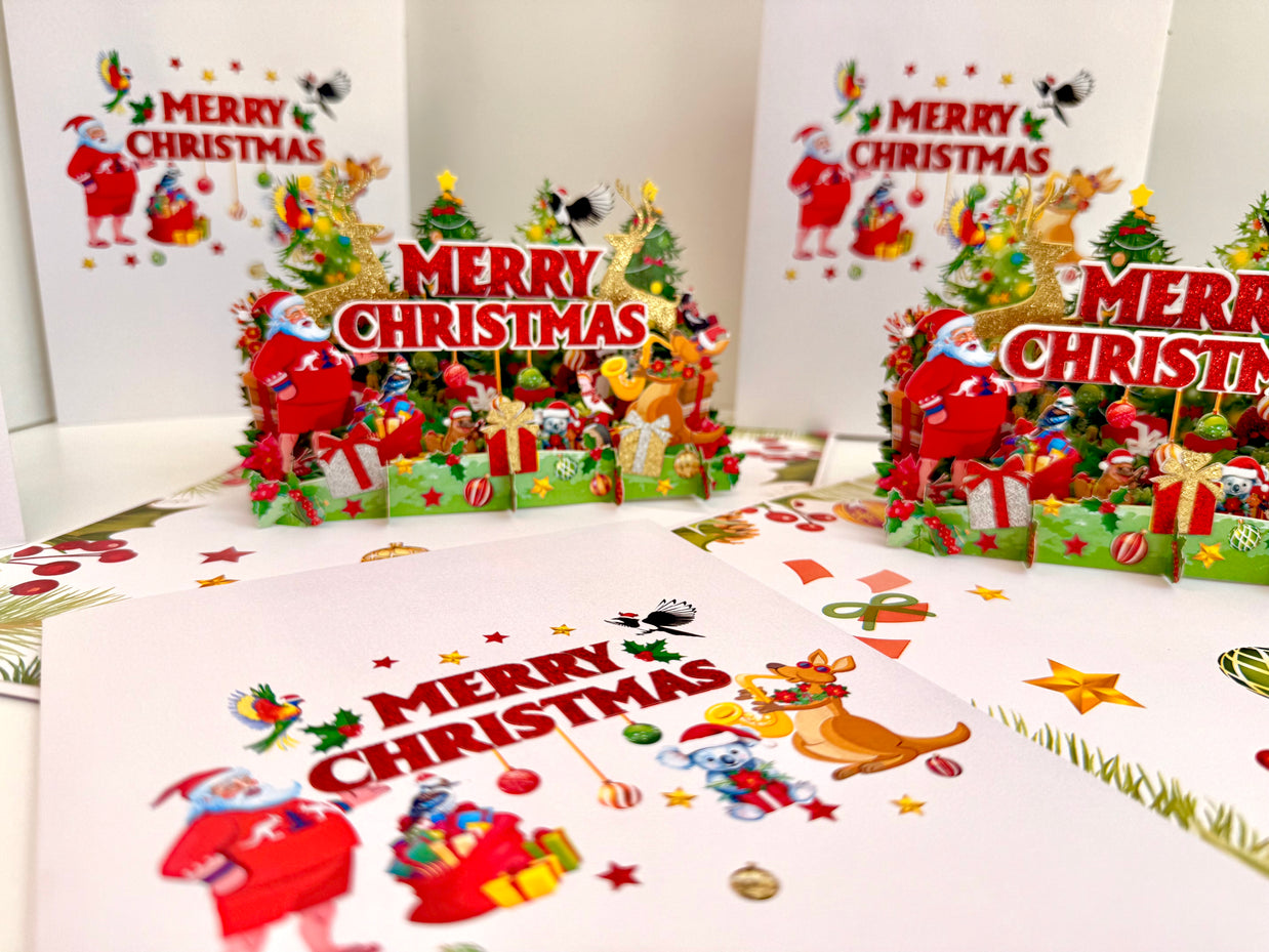 Merry Christmas Santa & Aussie Animals Origami Pop Cards 3D Pop Up Greeting Card Merry Christmas Thank You Handmade Best Wishes Blank Card Gift Happy Holidays Celebrate the Special Day