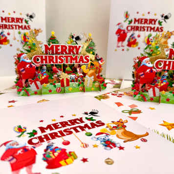 Merry Christmas Santa & Aussie Animals Origami Pop Cards 3D Pop Up Greeting Card Merry Christmas Thank You Handmade Best Wishes Blank Card Gift Happy Holidays Celebrate the Special Day