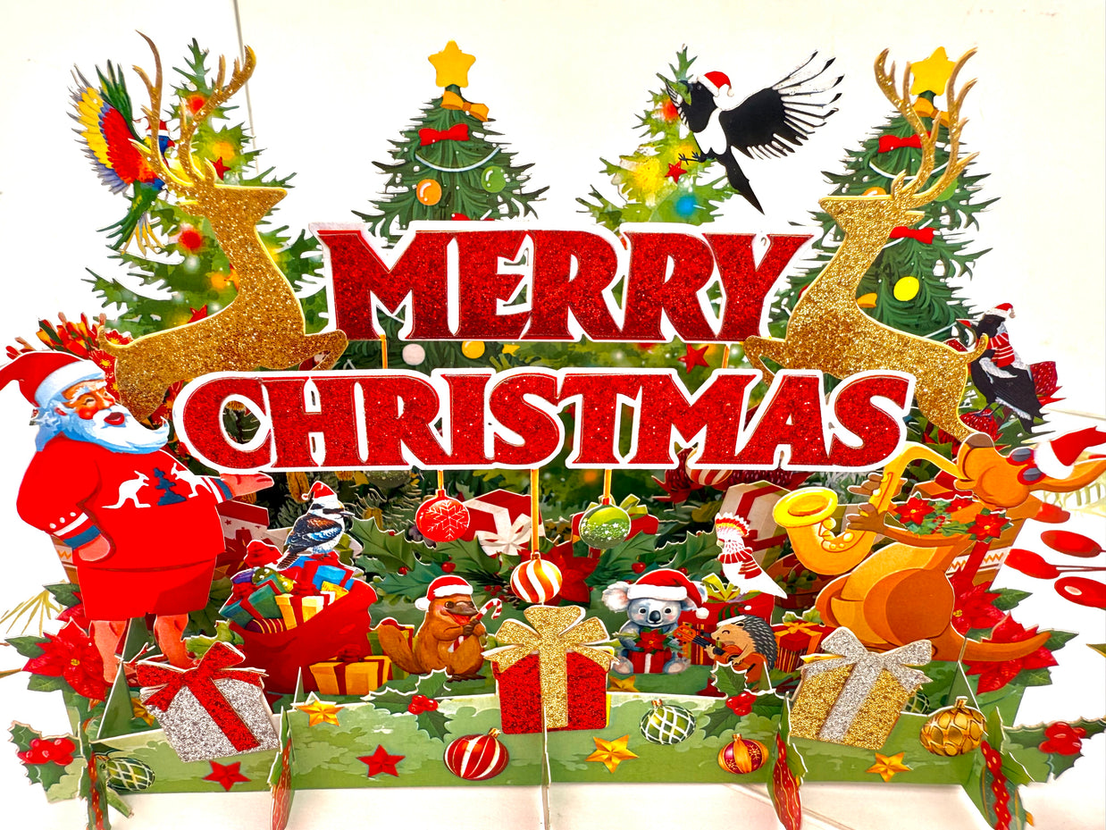 Merry Christmas Santa & Aussie Animals Origami Pop Cards 3D Pop Up Greeting Card Merry Christmas Thank You Handmade Best Wishes Blank Card Gift Happy Holidays Celebrate the Special Day